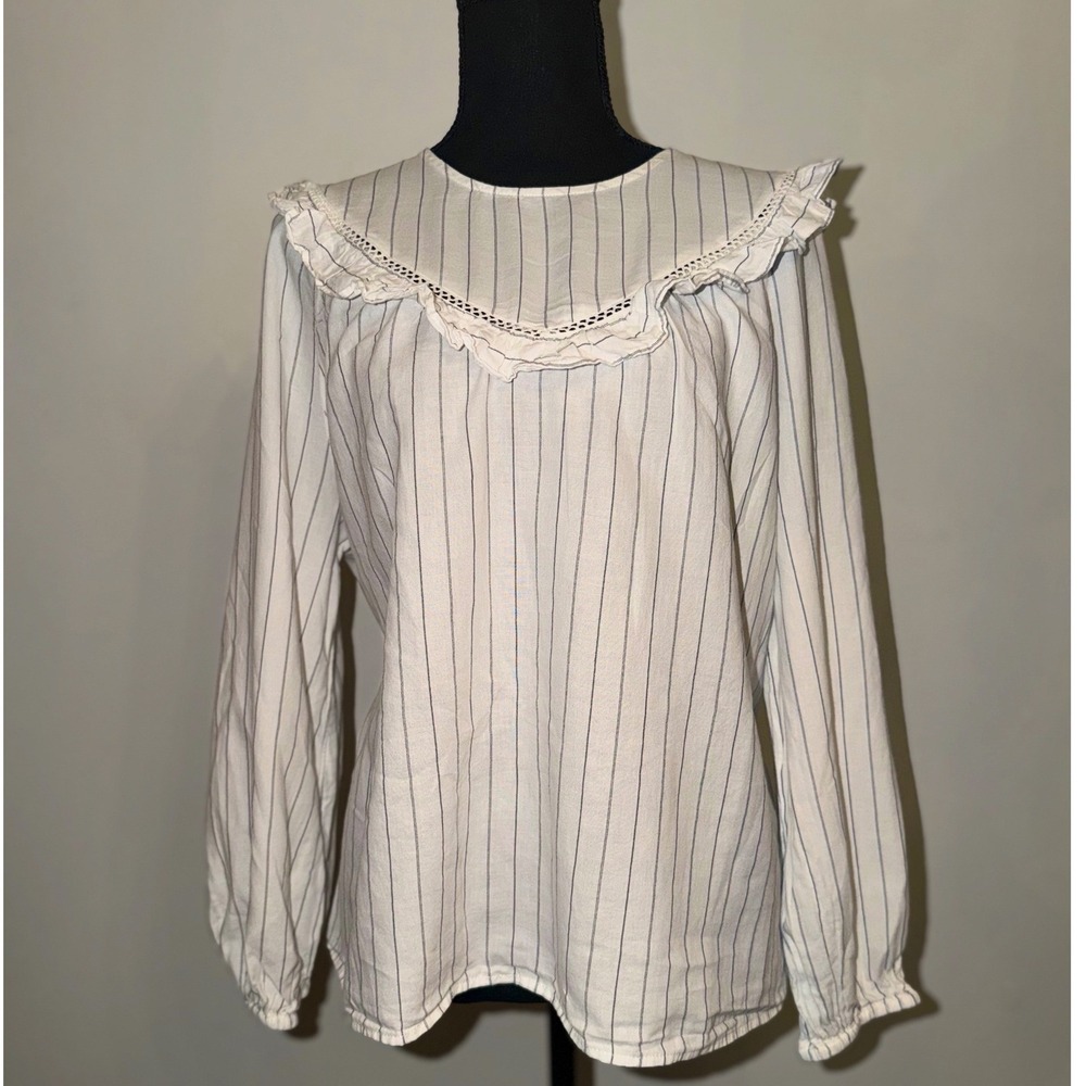 Madewell Prairie Ruffle Yoke Pinstripe Blouse White Navy‎ Blue XL Cottagecore
